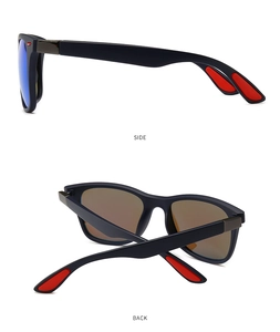 Side and back views of sporty sunglasses with blue matte frames and red ear pads
