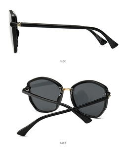 Detail view of large polygon sunglasses showing side and back perspectives with gold metal