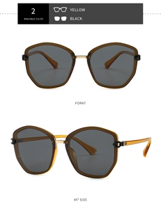 Detail view of large geometric hexagonal sunglasses with amber frames and dark lenses