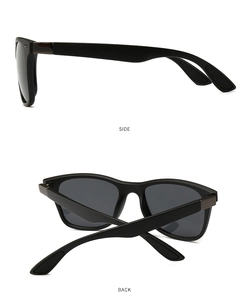 Detail view showing side and back angles of matte black square aviator sunglasses