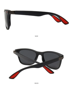 Detailed side and back view of matte black polarized sunglasses with red temple tips