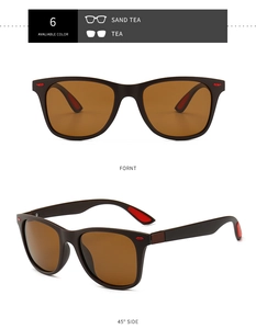 Front and side view of square aviator sunglasses with tea lenses and red temple details