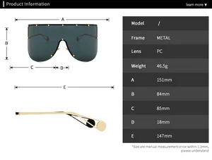 Detailed size specifications for oversized star-accented sunglasses with metal frame