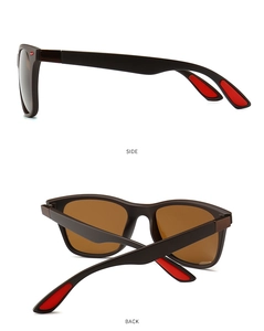 Detail view showing side and back profiles of polarized pilot sunglasses with red rubber tips