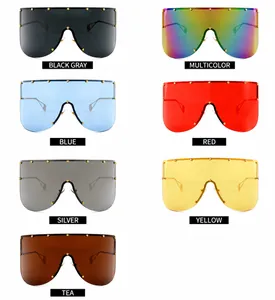 Detailed overview of oversized shield sunglasses with star rivets in seven vibrant colors