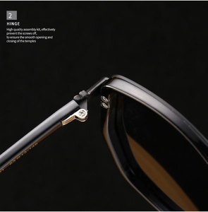 Detail view of durable metal hinge and golden size engraving on premium black TR90 sunglasses