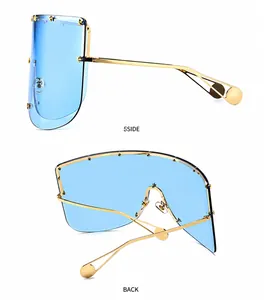 Detailed side and back view of shield sunglasses with star rivets and blue lenses