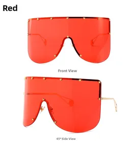 Front and 45-degree side view of red oversized mask sunglasses with star rivets