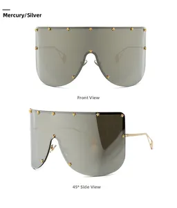 Front and side view of silver mask sunglasses with gold star rivets and metal temples