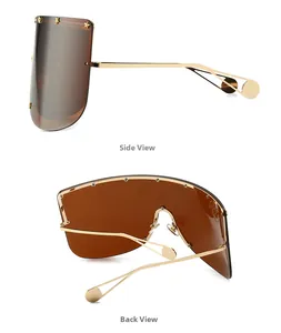 Detailed side and back view of oversized shield sunglasses with gold star studs on lenses
