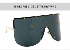 45-degree side view showing shield sunglasses with gold star accents and slim metal temples
