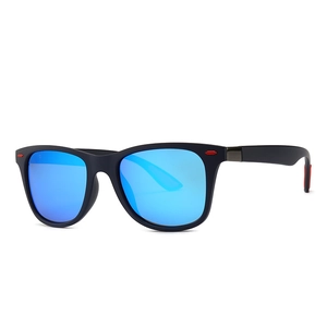 Polarized pilot sunglasses with matte black frames and vibrant blue mirrored lenses