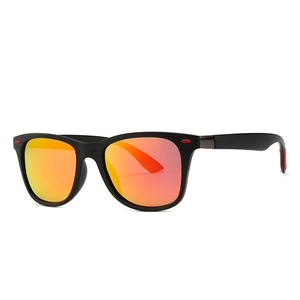 Classic black matte aviator sunglasses with vibrant orange mirrored lenses and red accents