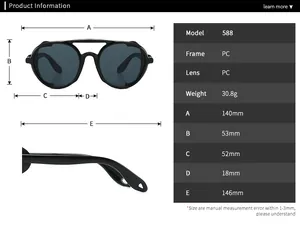 Detailed size chart for steampunk round sunglasses with specific dimensions and PC frame