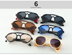 Steampunk sunglasses showing double-bridge frame and side shields in 6 optional colors