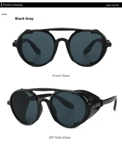 Steampunk round sunglasses with vintage black frames and textured leather side shields