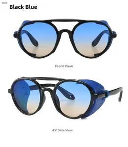 Steampunk round sunglasses with blue snakeskin side shields and gradient lenses