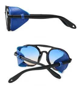 Steampunk sunglasses with blue snakeskin side shields and gradient lenses side-back view