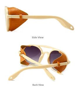 Detail view of steampunk sunglasses showing orange faux leather side shields and frame