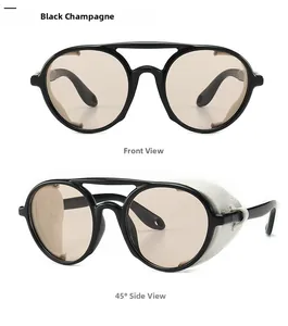 Steampunk round sunglasses with champagne lenses and white snakeskin side shields