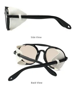 Detail view of steampunk round sunglasses with side leather blinkers in white snake skin