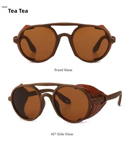 Steampunk round sunglasses featuring brown crocodile pattern leather side shields and double bridge