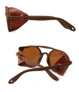 Steampunk round sunglasses with brown leather side shields and crocodile texture pattern