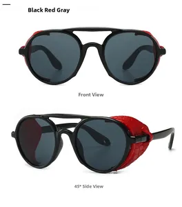 Detail view of steampunk sunglasses with side shield and red leather texture accents