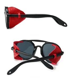 Steampunk round sunglasses with red crocodile pattern leather side shields and dark lenses