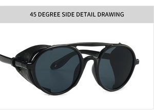Steampunk sunglasses side detail with embossed black leather blinders and dark gray lenses