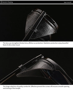 Macro view of steampunk sunglasses with black crocodile embossed leather side shields