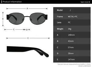 Größentabelle mit Abmessungen und technischen Daten der Steampunk-Metallsonnenbrille