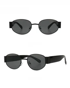 Steampunk-Oval-Metall-Sonnenbrille für Herren mit schwarzem Rahmen und grauen Gläsern