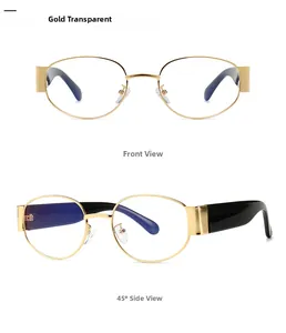 Steampunk Gold Metall Oval Brille mit schwarzen Bügelenden aus Vorder- und Seitenansicht