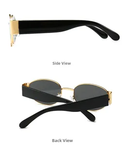 Detailansicht der Steampunk-Oval-Sonnenbrille mit Goldrahmen und schwarzen Bügeln