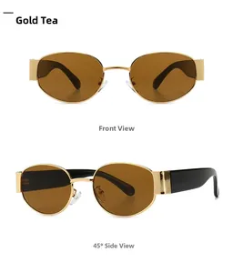 Detailansicht der Steampunk-Sonnenbrille mit Goldrahmen, braunen Gläsern und schwarzen Bügeln