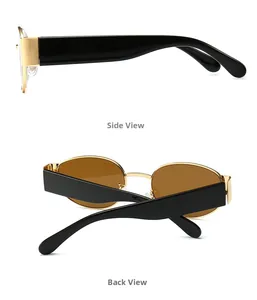 Seiten- und Rückansicht der Steampunk-Metall-Ovalsonnenbrille mit schwarzen Bügeln und Gold