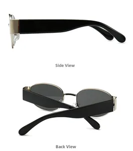 Detailansicht der ovalen Steampunk-Sonnenbrille mit Seitenprofil und Rückansicht