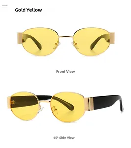 Detailansicht der gold-ovale Steampunk-Sonnenbrille mit gelben Gläsern und schwarzen Bügeln