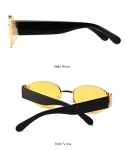 Detailansicht der Steampunk-Oval-Sonnenbrille mit goldenem Metallrahmen und Bügeln