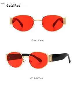 Steampunk ovale Metall-Sonnenbrille mit Goldrahmen und transparenten roten Gläsern im Detail