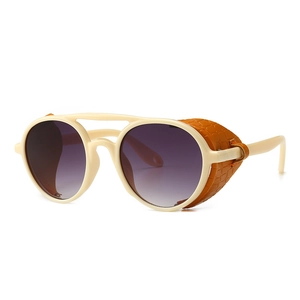 Steampunk round sunglasses with cream frame, orange snake-skin side shields and purple lenses