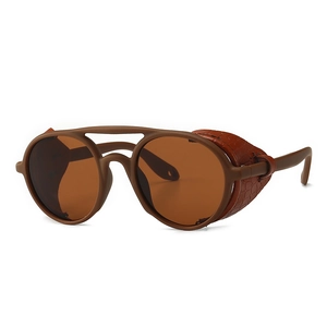 Steampunk round sunglasses with brown lenses and leather snakeskin side shields