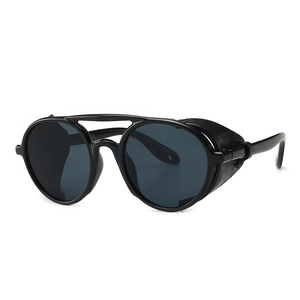 Steampunk aviator sunglasses with dark grey lenses and side snake skin texture shields