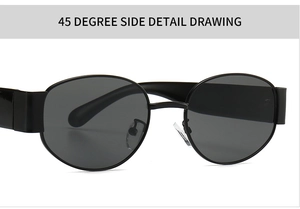 Detaillierte 45-Grad-Seitenansicht der Steampunk-Metallsonnenbrille mit ovalem Rahmen