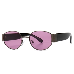 Steampunk ovale Sonnenbrille mit lila Gläsern und dunklem Metallrahmen im Retro-Streetstyle