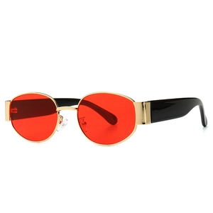 Retro Steampunk Oval Sonnenbrille mit roten Gläsern und Goldmetallrahmen für Herren