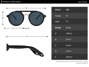 Detailed size chart for steampunk sunglasses showing frame dimensions and PC material specs