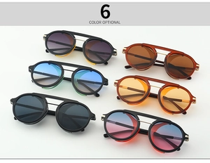 Detailed flat lay of steampunk sunglasses in six distinct colorways with metal accents