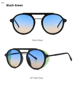 Steampunk round sunglasses with blue-orange gradient lenses and green side shields